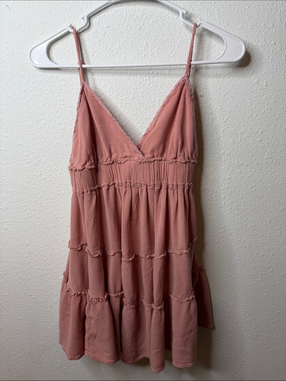 Smocked Tiered Spaghetti-Strap Cami in Dusty Pink